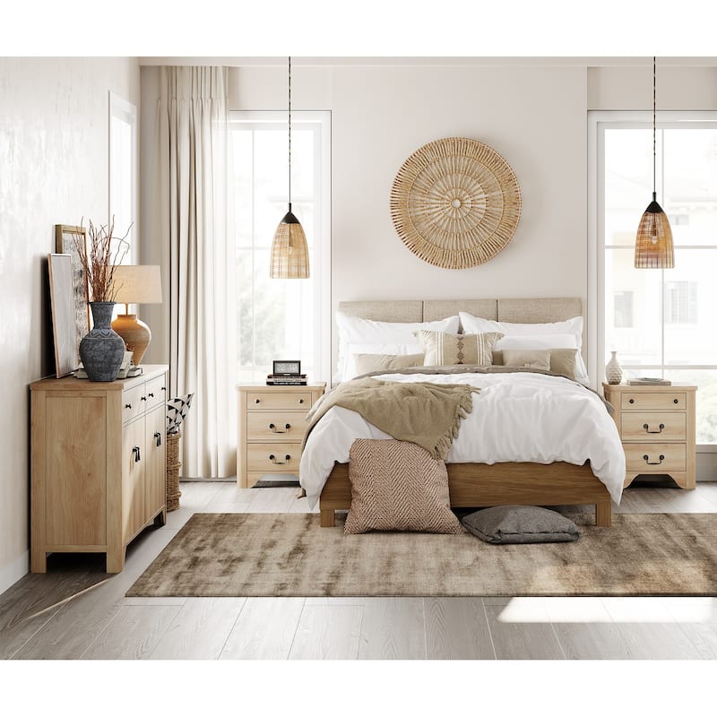WAMPAT Farmhouse 3PCS Bedroom Set, 59" W Large Sideboard Buffet Cabinet,and Wood Nightstands Set of 2 with Charging Station - Oak