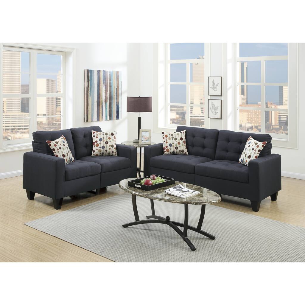 2pc Sofa Set Black Polyfiber Tufted Sofa Loveseat w Pillows Cushion Solid Pine
