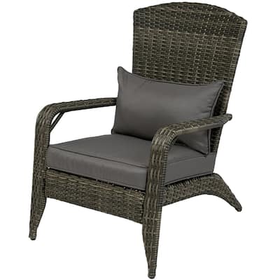 Grey Wicker Rattan Adirondack Chair with Cushion, Armrest and Curved Back - 25.2" W x 31.5" D x 35.5" H