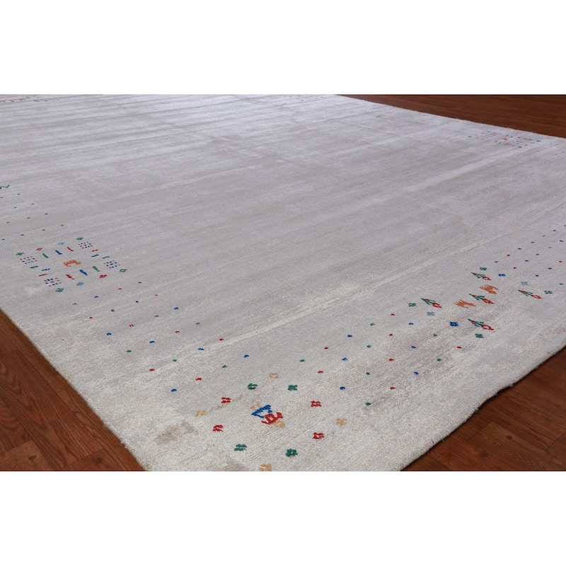 Silver Gray Gabbeh Oriental Area Rug Hand-Knotted Tribal Silk Carpet - 9'3" x 12'4" - 9'3" x 12'4" - Grey