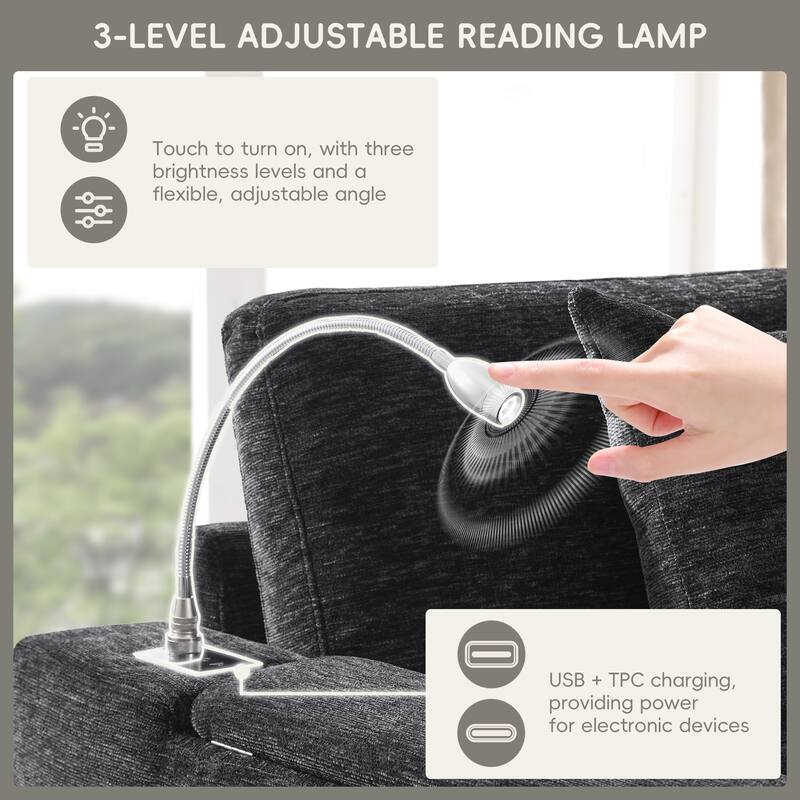 Tufted Chenille Sectional Sofa with Pull-out Bed, Flip-up Table Panel, Reading Lamp, Charging Ports, Storage Ottoman, 6 Pillows