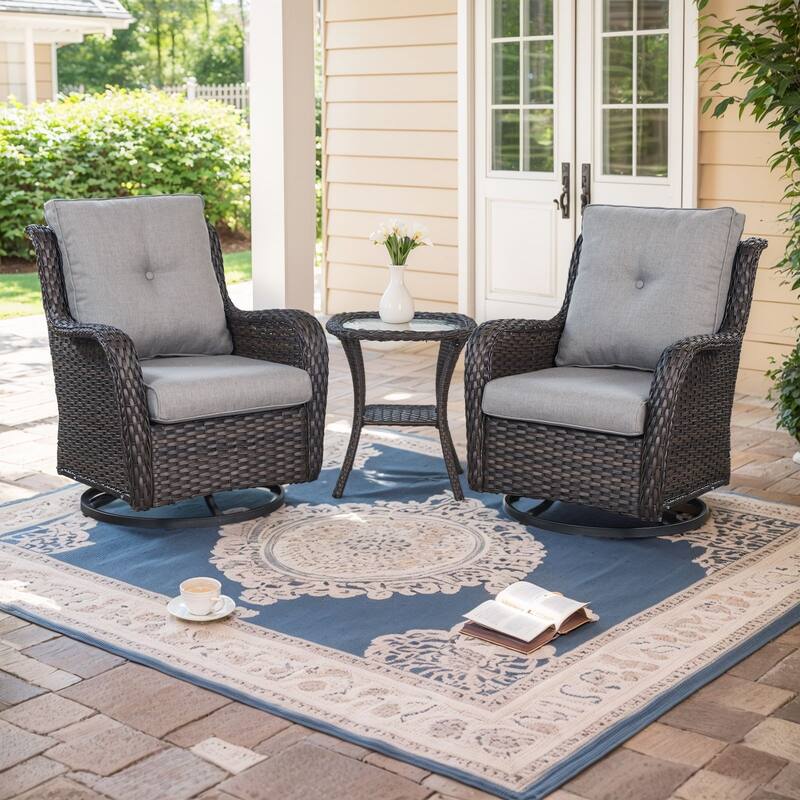 Gymojoy Wicker Swivel Glider Chair with Water-Resistant Olefin Cushions - 3-Piece with Side Table - Brown Wicker / Grey Cusion