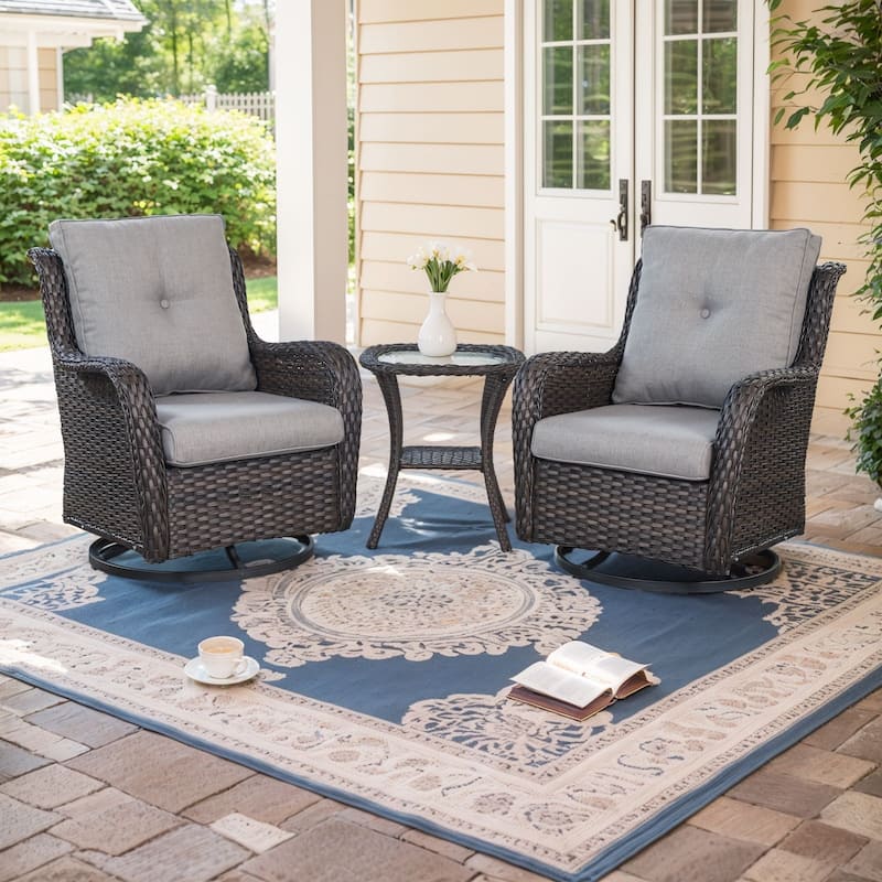Pocassy Outdoor Glider Chairs Table with 4Inch 5Inch 6Inch Cushion - Brown Wicker Grey Cushion - 3PCS Swivel Chair Table with 4 Inch Cushion