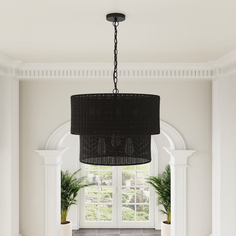 Farmhouse Matte Black Hand-Woven Rattan Craft Pendant Light - Black