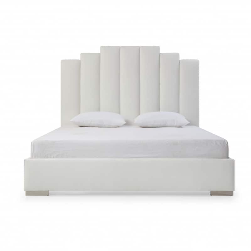 HomeRoots Queen White Vertical Channel Faux Leather Bed with USB