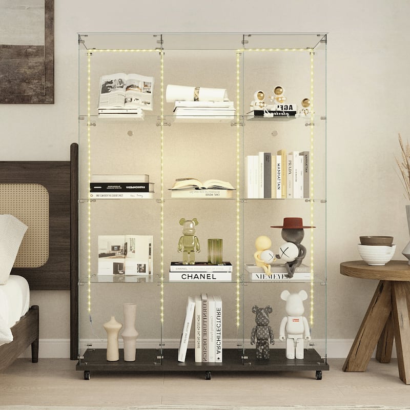 Glass Display Cabinet,Wine Cabinet,File Cabinet with Bluetooth LED Light Strips,Tempered Glass Top, Lock on Door Wheels - Black