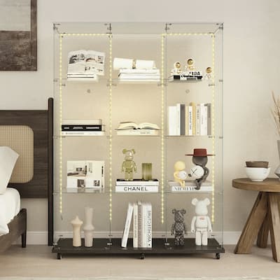 Tempered Glass Display Cabinet, File Cabinet with Bluetooth LED Light Strips,Tempered Glass Top, Lock on Door Wheels