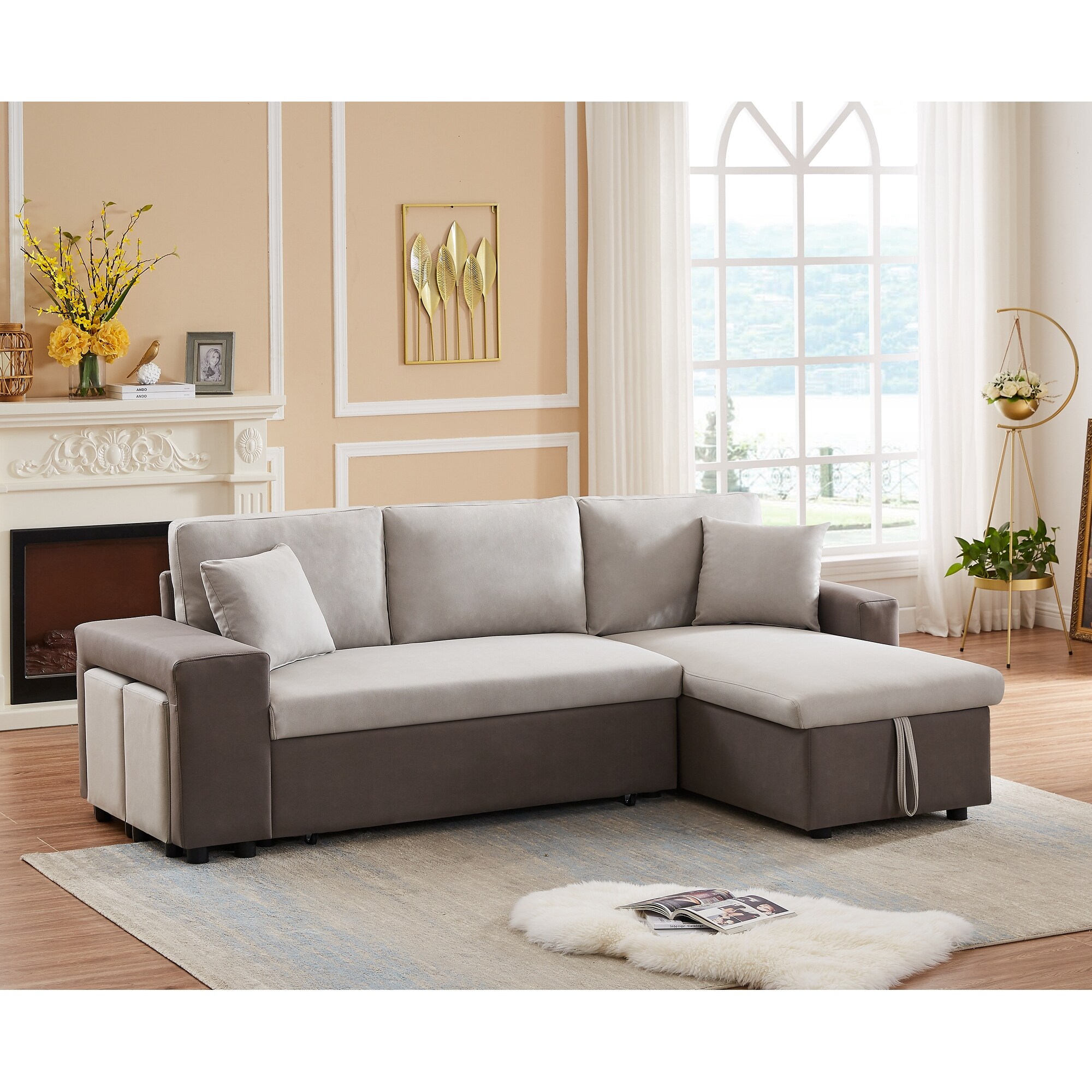 92.5 Reversible Sleeper Sectional Sofa with storage and 2 stools