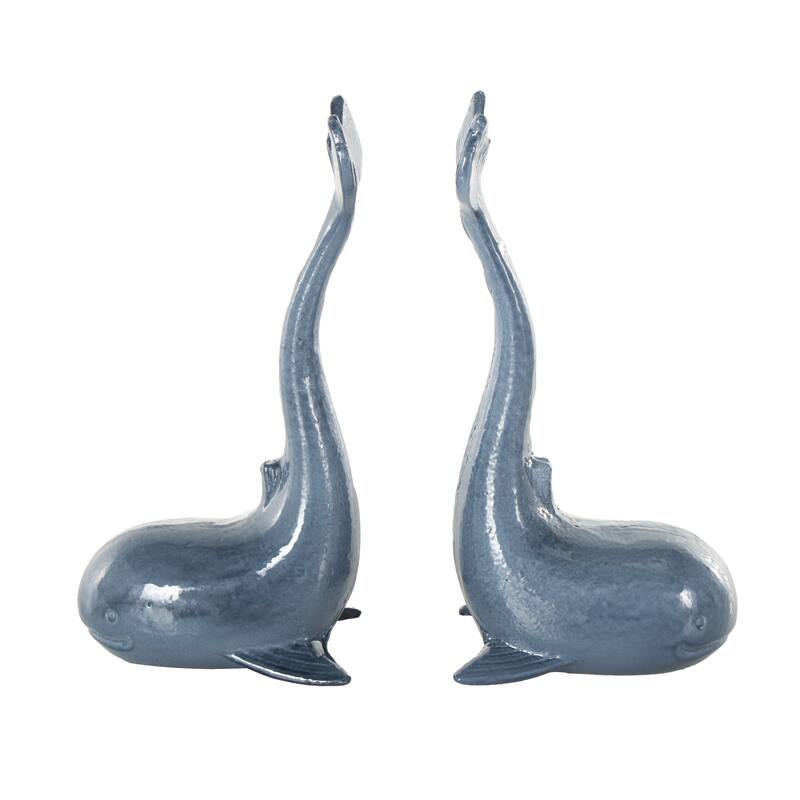 Blue Metal Dolphin Decorative Bookends with Raised Tails (Set of 2) - 4"W x 5"L x 10"H