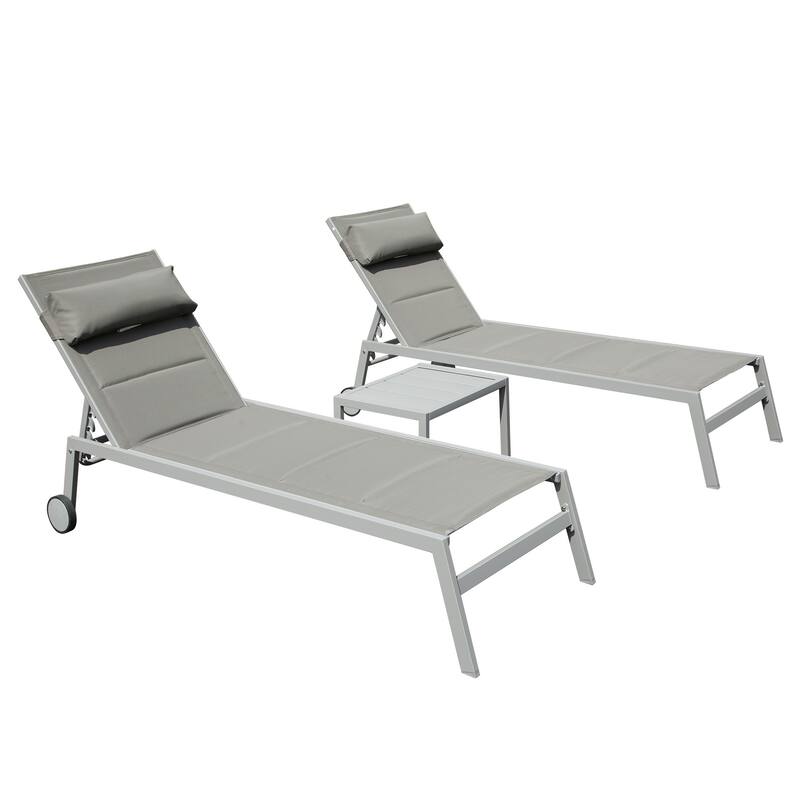 Outdoor Patio Chaise Lounge Set of 3, Aluminum Pool Lounge Chairs with Side Table & Wheels, Padded Adjustable for Poolside Beach - Grey