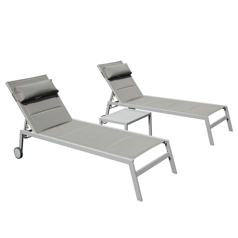 Outdoor Patio Chaise Lounge Set of 3,Aluminum Pool Lounge Chairs with Side Table and Wheels,Textilene Padded Adjustable Recliner - Grey
