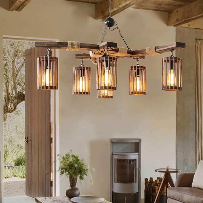 Farmhouse Chandelier Ceiling Fixture Wood Pendant Lamp Island Light - 39" x 39"