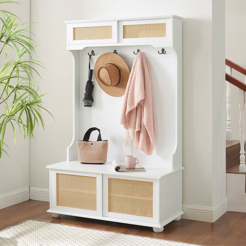 Modern Rattan Door Coat Rack Entryway Storage Bench with Shoe Storage Compartments and Open Shelves