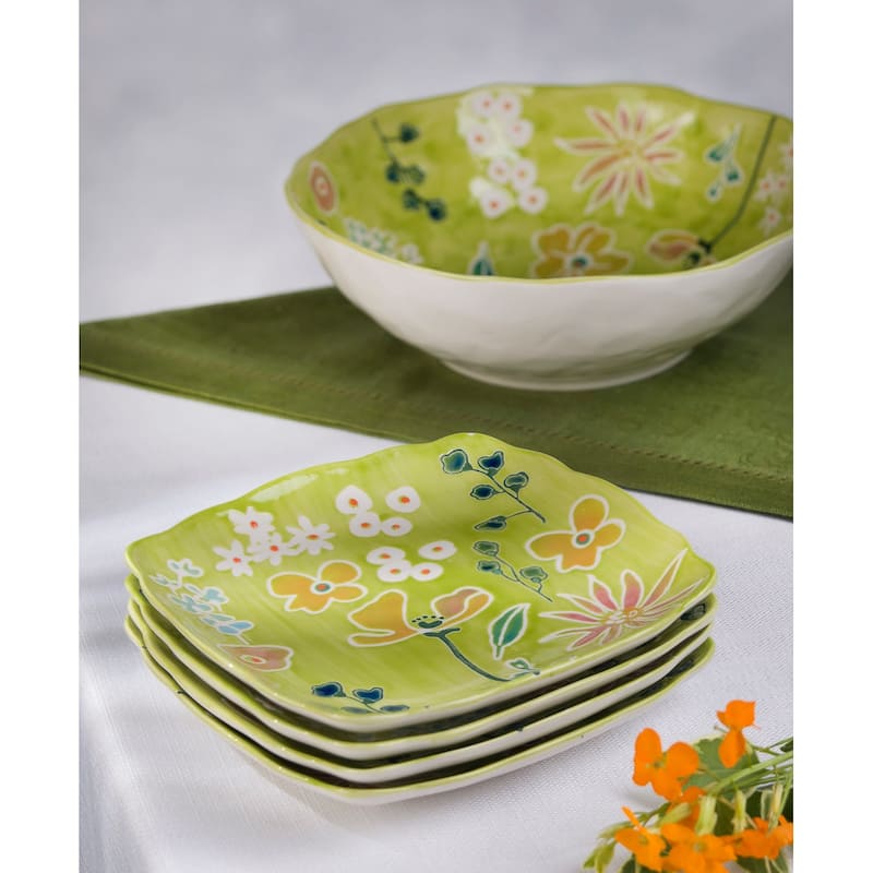 Euro Ceramica Primavera 4 Piece Handpainted Stoneware Canape Plate Set - 6.3 in. x 6.3 in. x 0.79 in.
