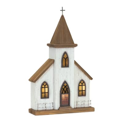 17.75" Brown and White Lighted Wooden Church Tabletop Decoration