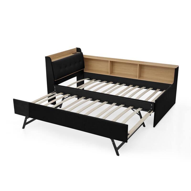 Twin Size Adjustable Velvet Day Bed with Storage, Trundle, LED Lights, and Wireless Charging
