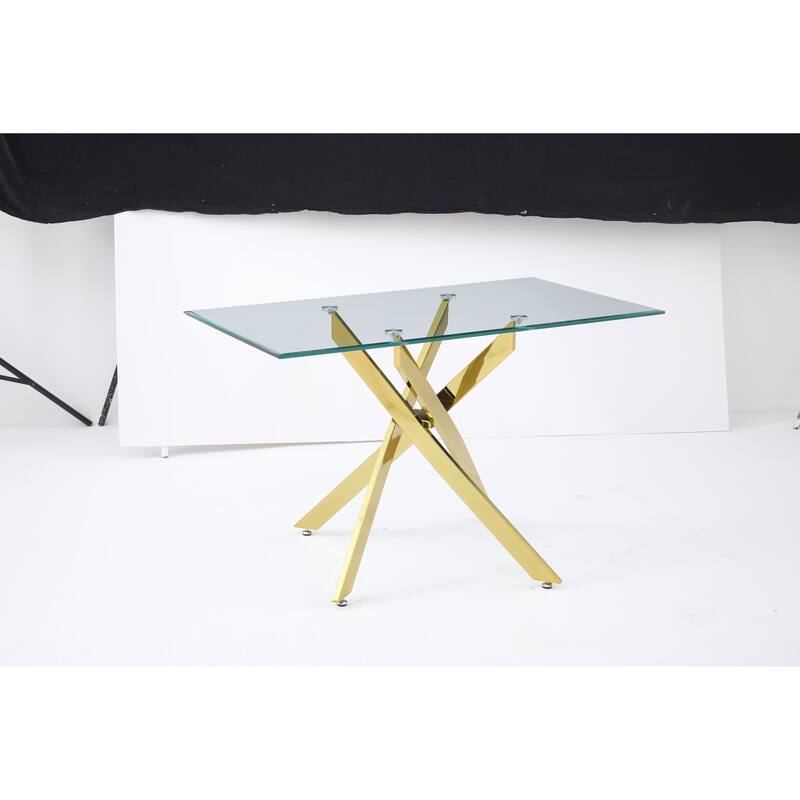 The modern rectangular tempered glass tabletop is paired with a golden iron frame, measuring 47.24 inches in length