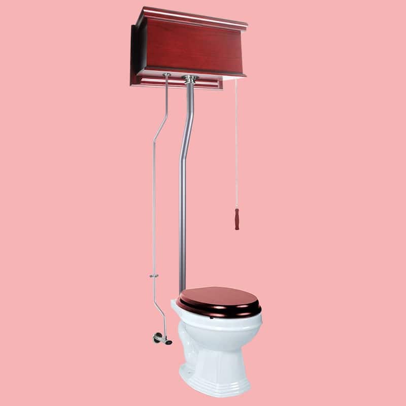 Cherry Wooden High Tank Toilet Flat Tank, Round White Bowl and Chrome Plated L Pipes