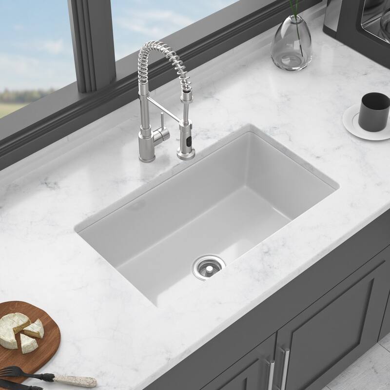 Undermount Single Bowl Fireclay Kitchen Sink - Dual Mount White Porcelain Fireclay Rectangular Deep Single Bowl Sink Basin - White