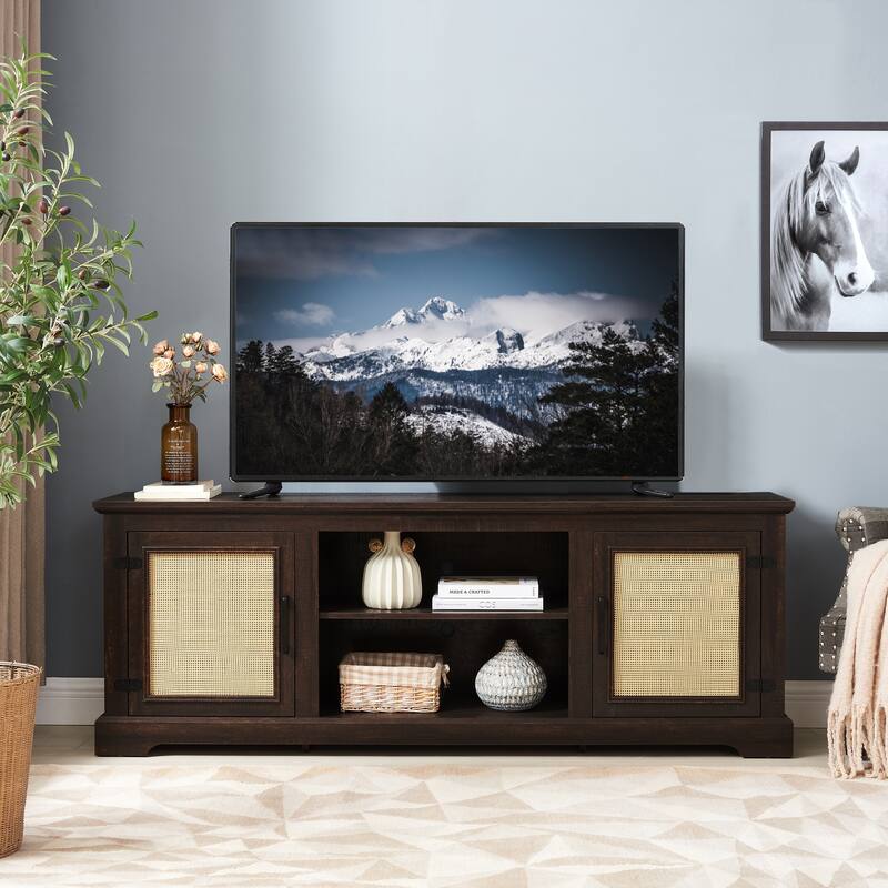 Farmhouse Rattan TV Stand Console Table for TVs up to 70 Inches, TV Console Table with 2 Storage Shelves