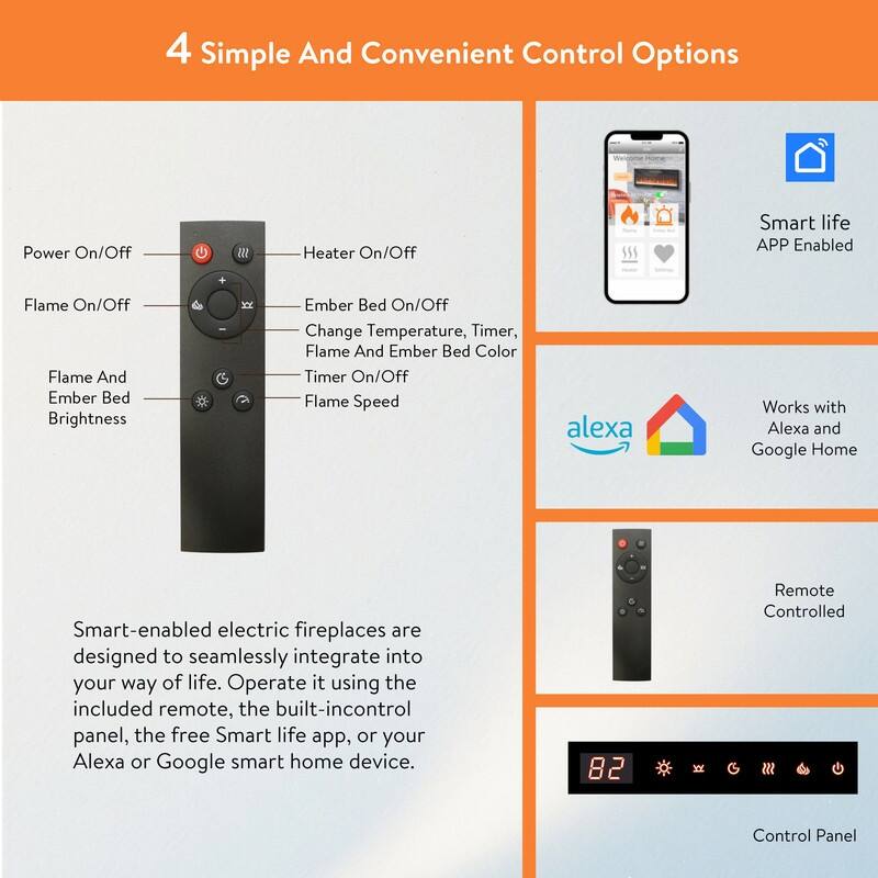 50/60 in. Smart WiFi-Enabled Wall Mount & Recessed Electric Fireplace Heaters in Black, 1400W/5000BTU