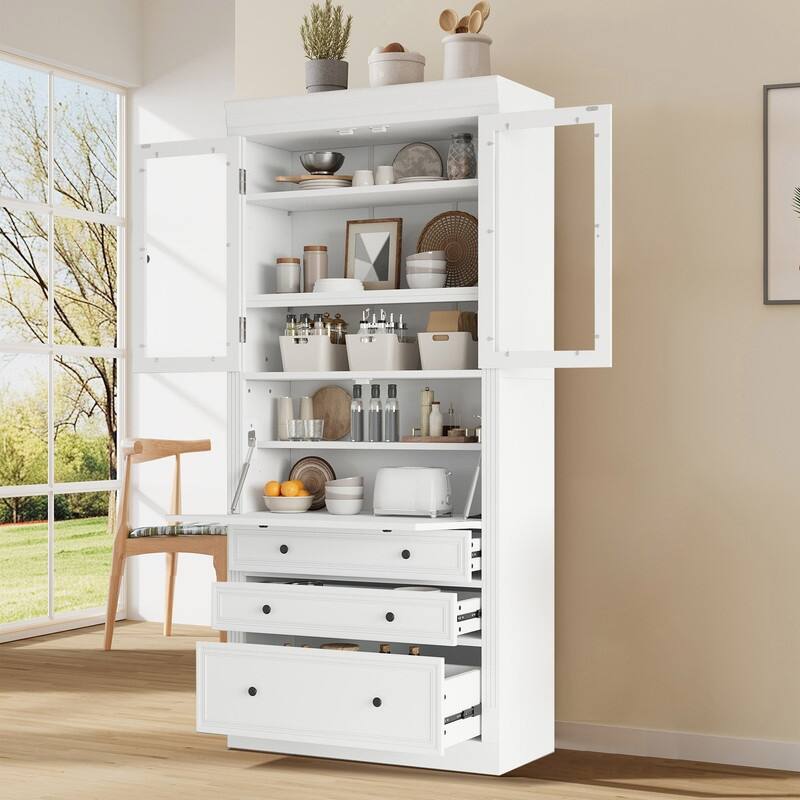 Freestanding 78" Tall Kitchen Pantry Storage Cabinet with Drop-Down Surface and Adjustable Shelves,Power Outlet for Organization