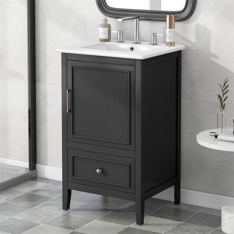 20" Bathroom Vanity with Ceramic Sink Combo, Freestanding Bathroom Storage Cabinet with 1 Door, 1 Storage Drawer and Door Shelf