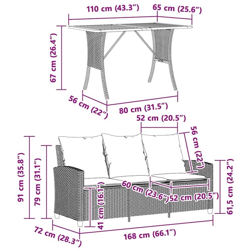 vidaXL Patio Sofa 3-Seater with Cushions&Table Black Poly Rattan - 66.1" x 28.3" x 31.1"