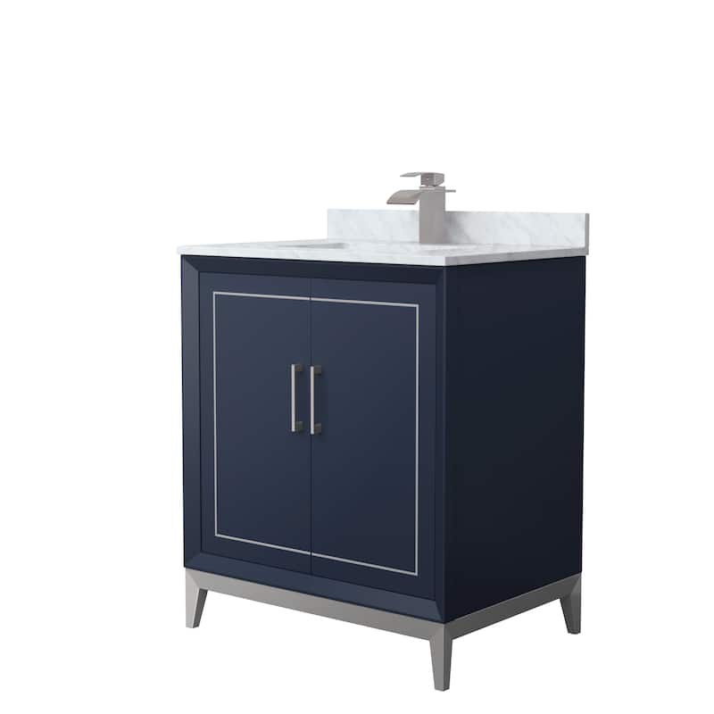 Marlena 30-Inch Single Vanity Set, Carrara Marble Top - Dark Blue, Nickel Trim, Carrara Marble Top