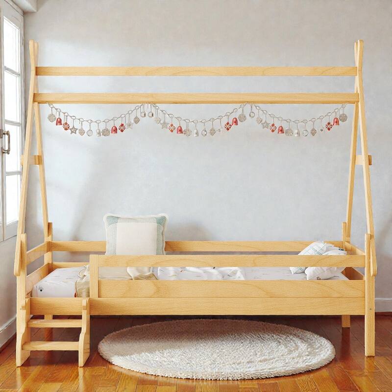 Twin/Full House Platform Bed with Stairs, Solid Wood Low Profile Kids Bed Frame, Fun Playhouse Design for Children