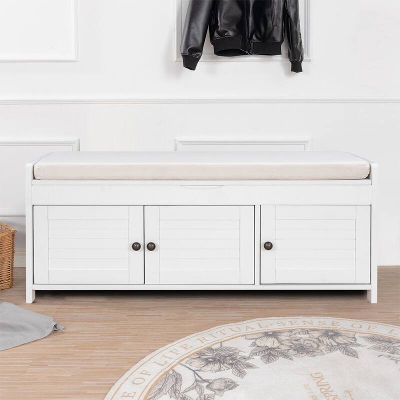 Classic Modern Storage Bench with Two Cabinets and Flip-Top Storage - White