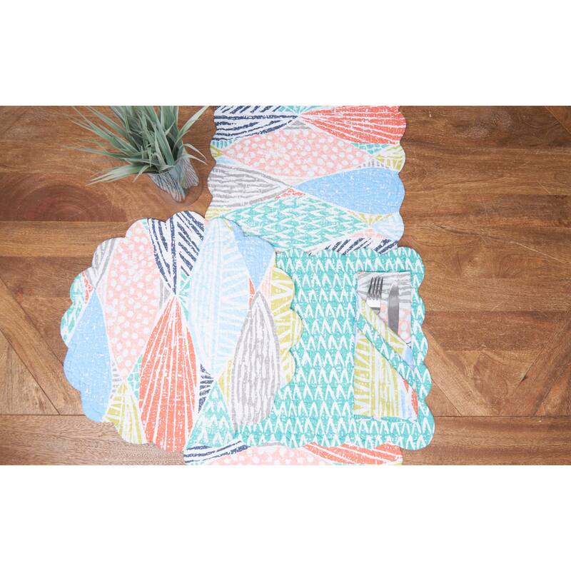 Surfside Sound Scalloped Placemats Set of 6 Nautical Design Beach, 13" x 19" - Multicolored