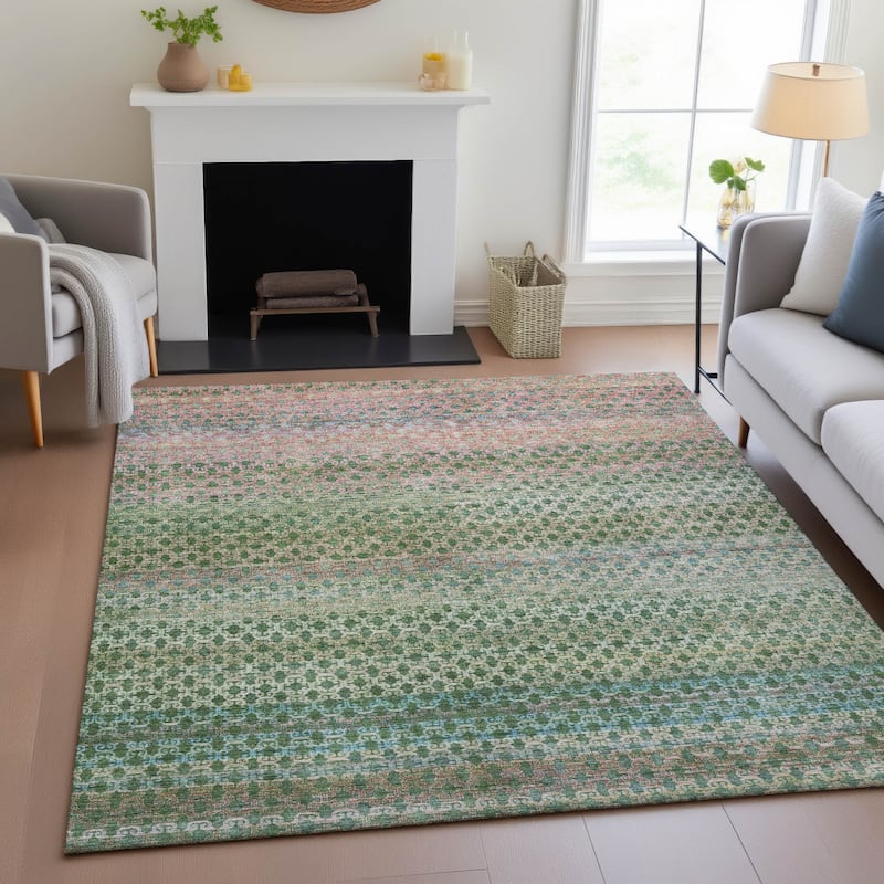Machine Washable Indoor/Outdoor Stripe Medallions Chantille Rug