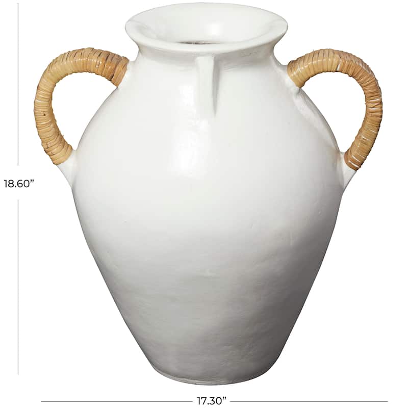 White Ceramic Jug Inspired Decorative Vase with Rattan Wrapped Handles - 17"W, 19"H
