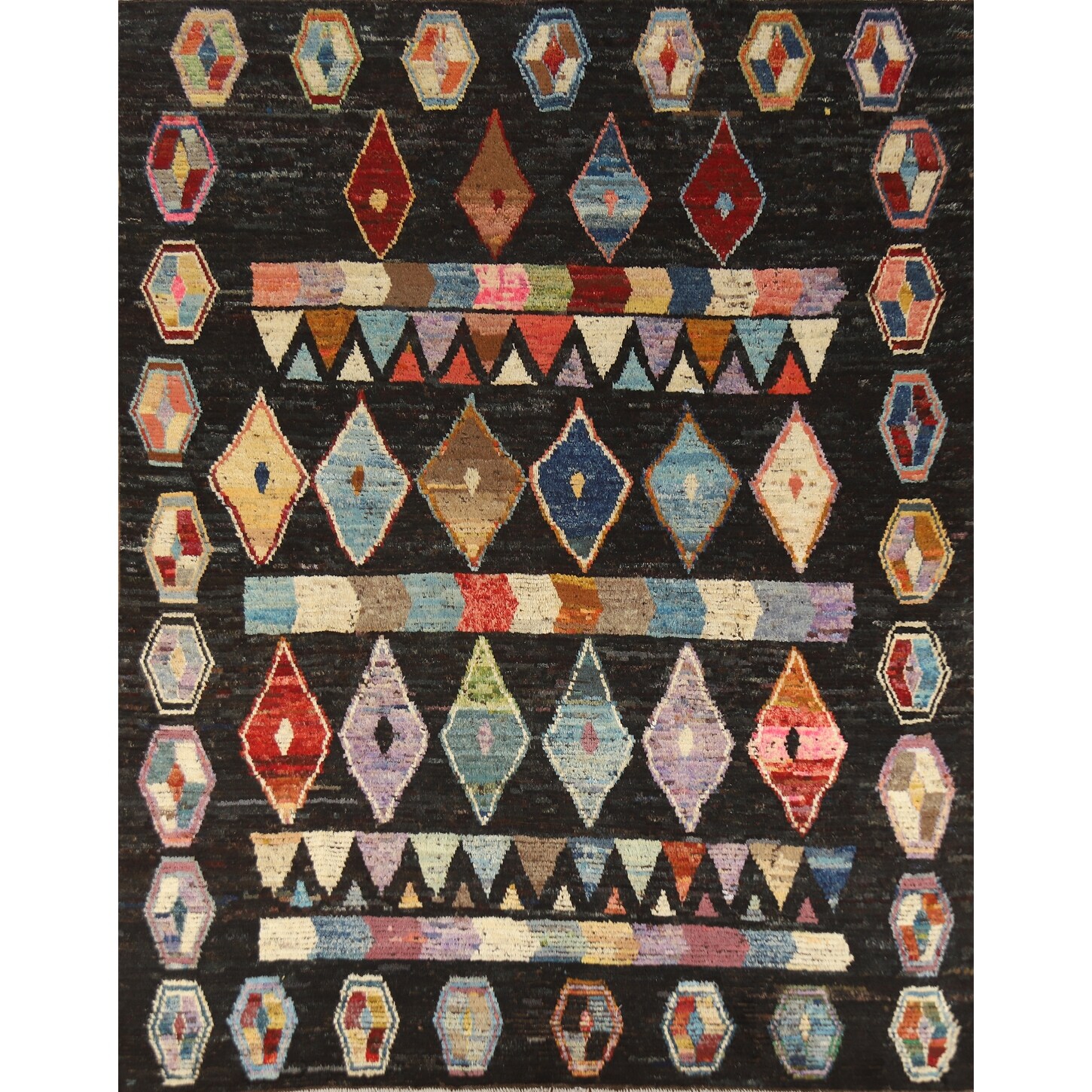 Black Geometric Moroccan Oriental Area Rug Handmade Wool Carpet - 8'1" x 10'0"