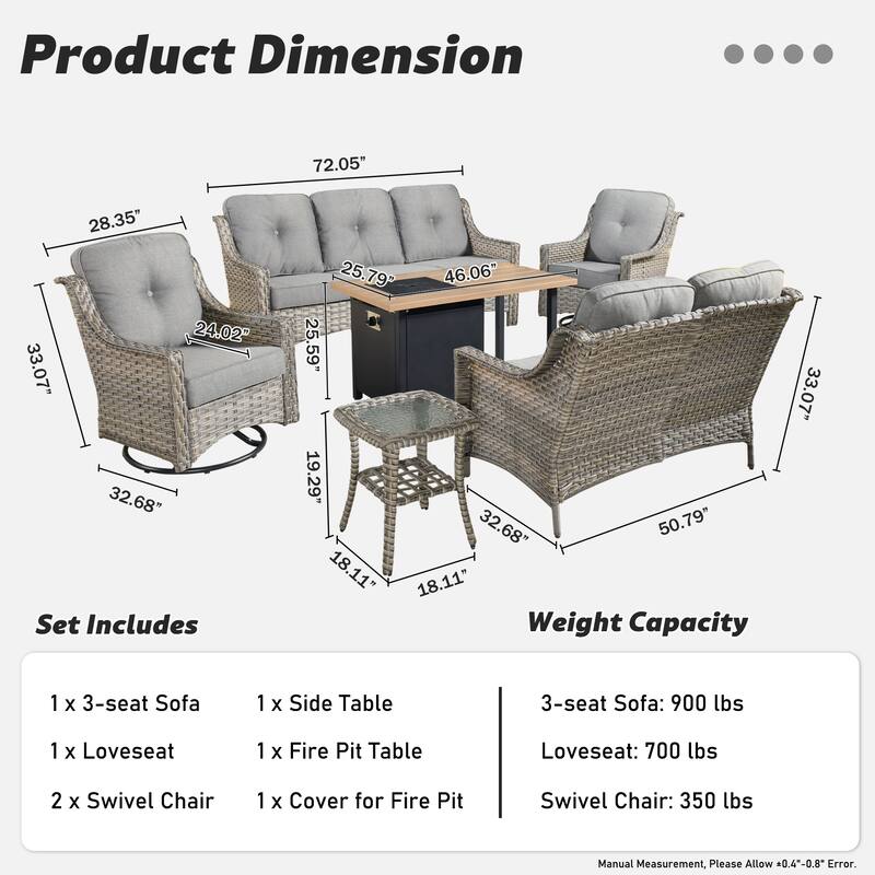 HOOOWOOO 6-piece Wicker Outdoor Conversation Set Swivel Chairs with Fire Pit