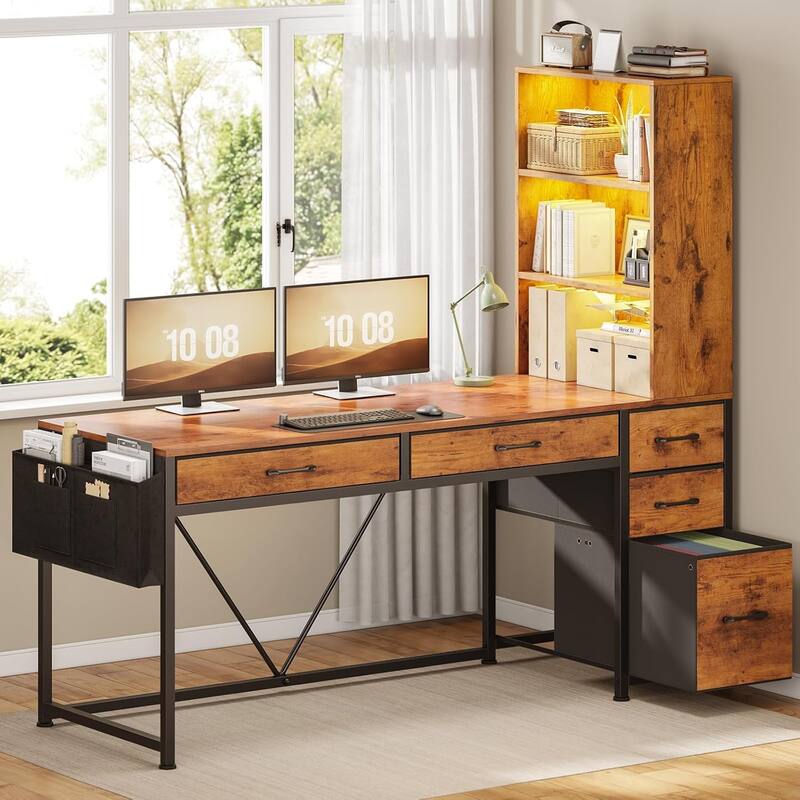 L Shaped Computer Desk 5 fabric Drawers Gaming Desk Storage Shelf