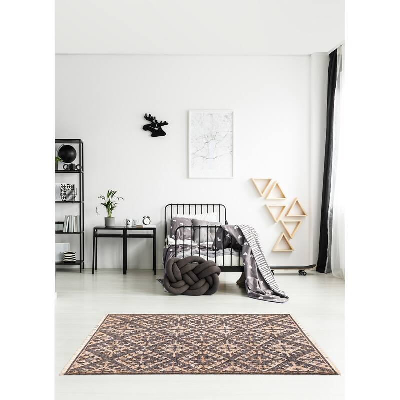 ECARPETGALLERY Flat-Weave Palas Denizli Dark Grey, Tan Jute Kilim - 5'6 x 7'8
