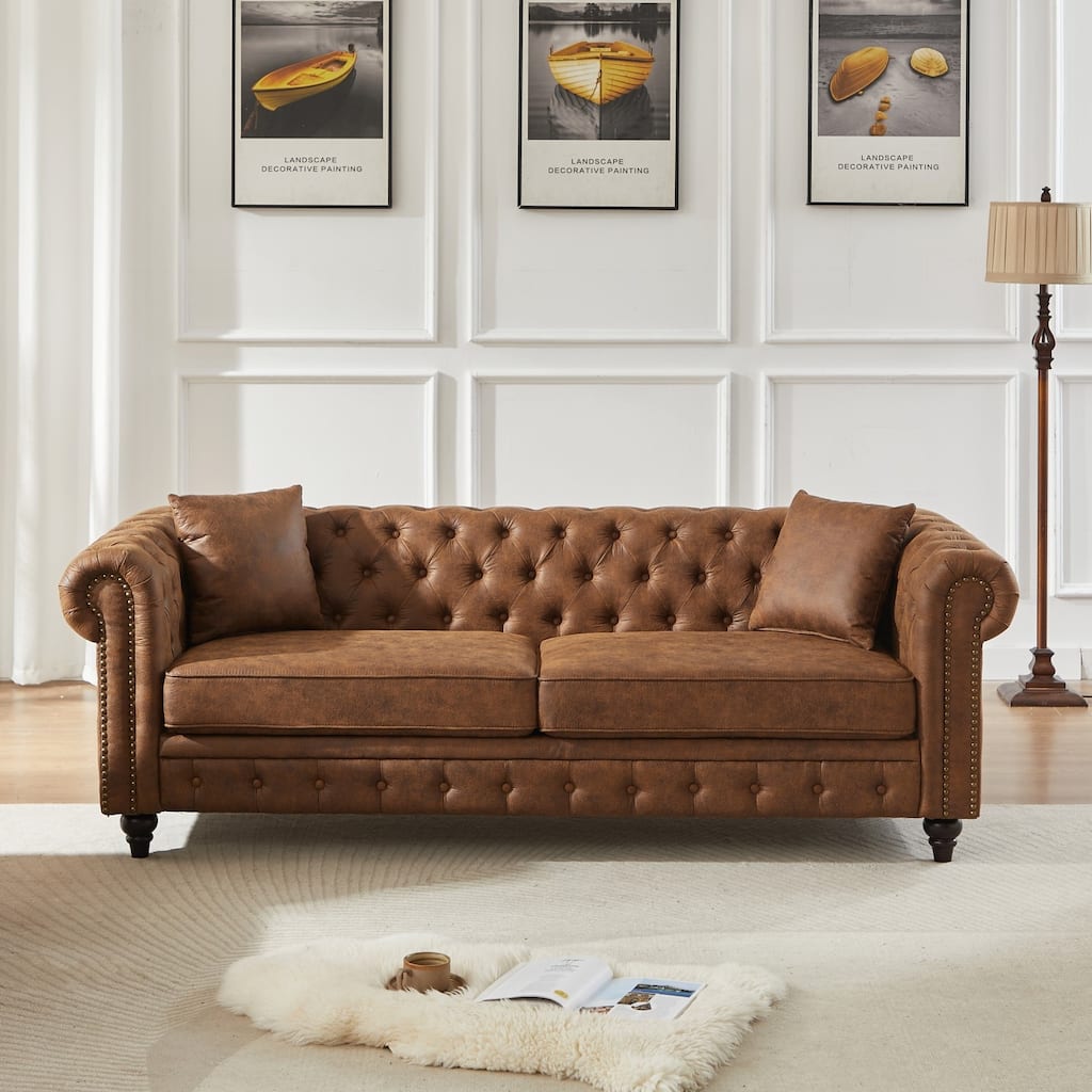 85.5" Tech Fabric Sofa with Rolled Arms and Button Tufted Design