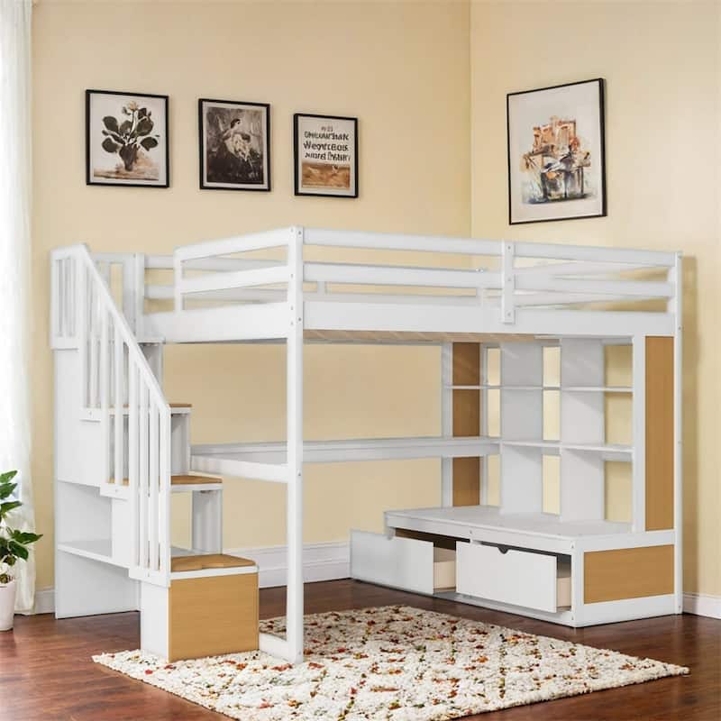 Full Size Loft Bed with Desk and Shelves,Two Drawers,Storage Staircase