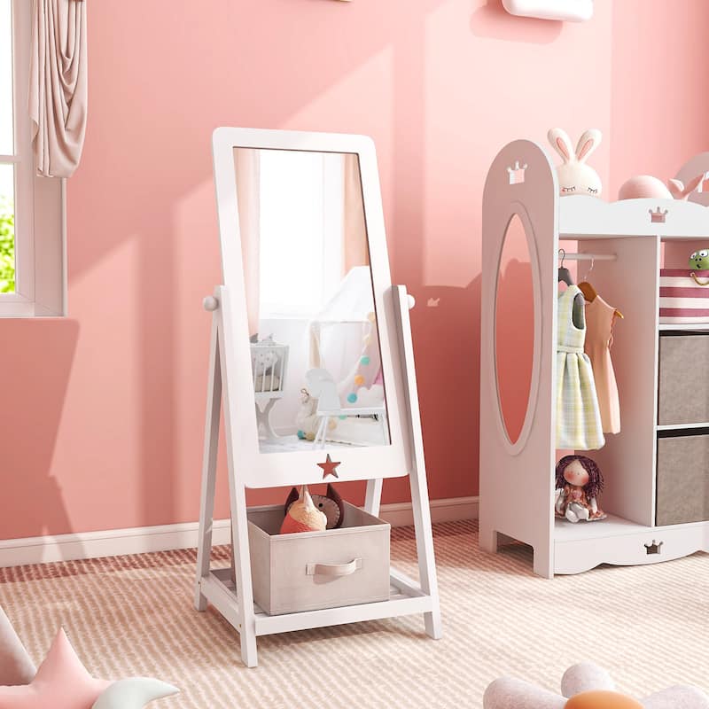 Kids Full Length Wooden Standing Mirror with Bottom Shelf and Foldable Storage Bin-White - 17.5"L x 15.5"W x 44"H