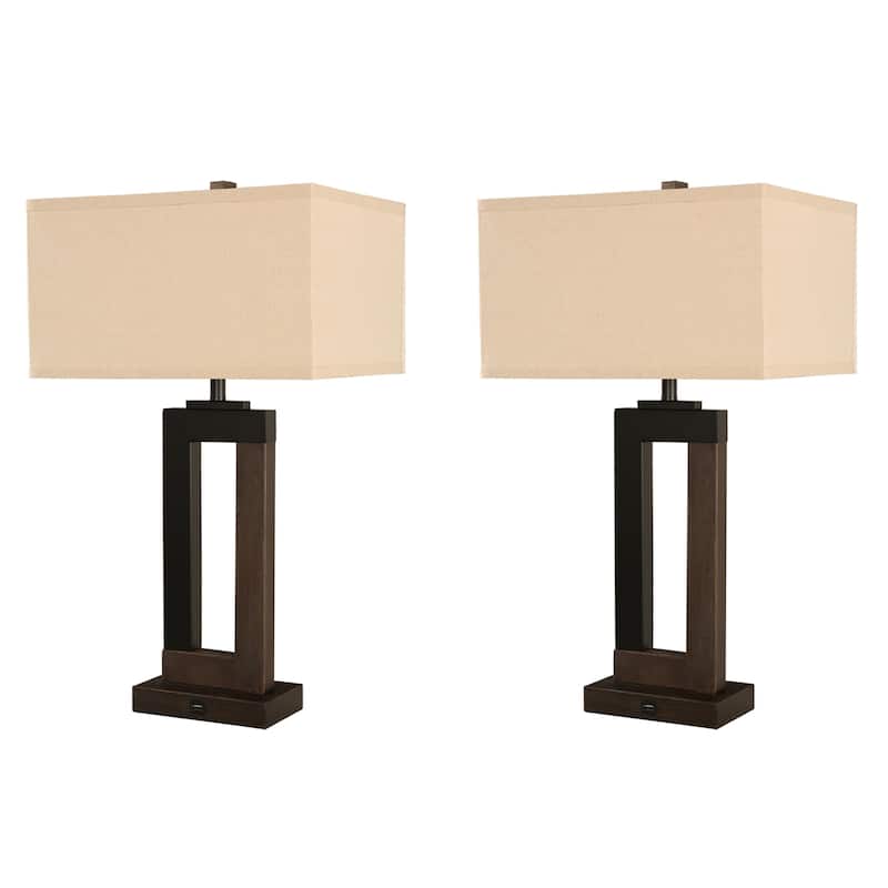 25.9" Rectangle Cotton Shade Wood Table Lamps Set of 2