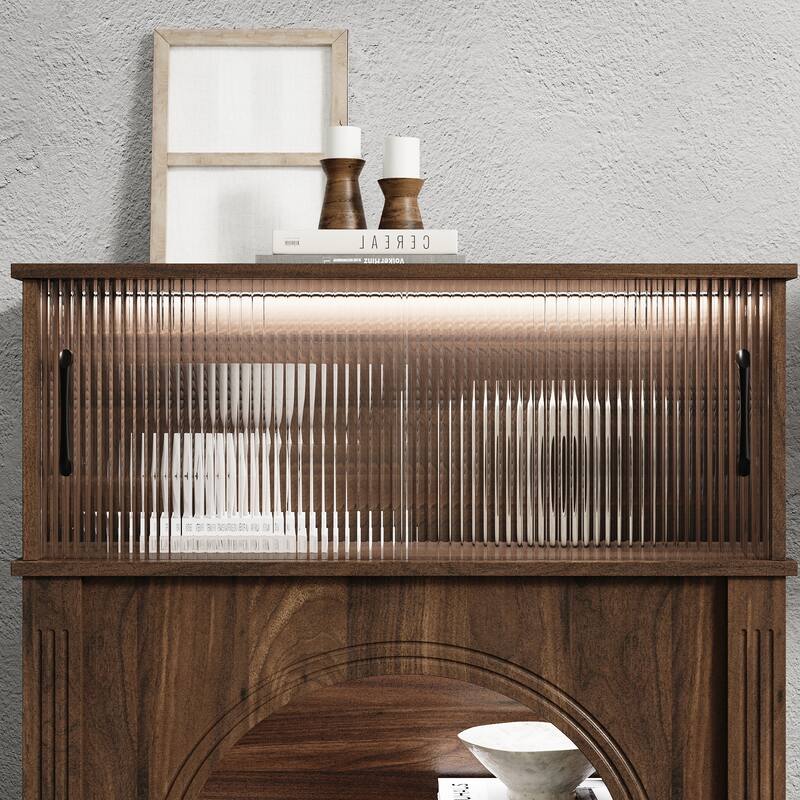 LED Lighted Display Cabinet with Fluted Glass Doors, Wooden Sideboard Buffet Cabinet for Living Room or Dining Room