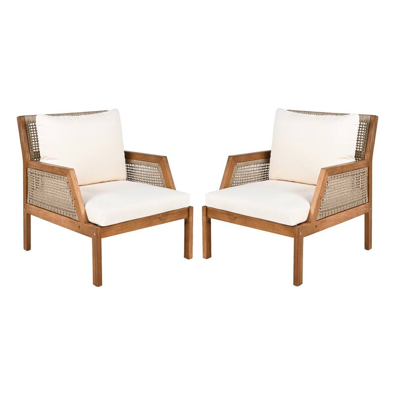 Roomfitters Acacia Wood Outdoor Club Chair with Wicker Accents, Deep Seating, Teak and Mix Brown