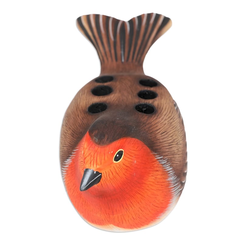 Novica Handmade Nesting Robin Wood Pen Holder