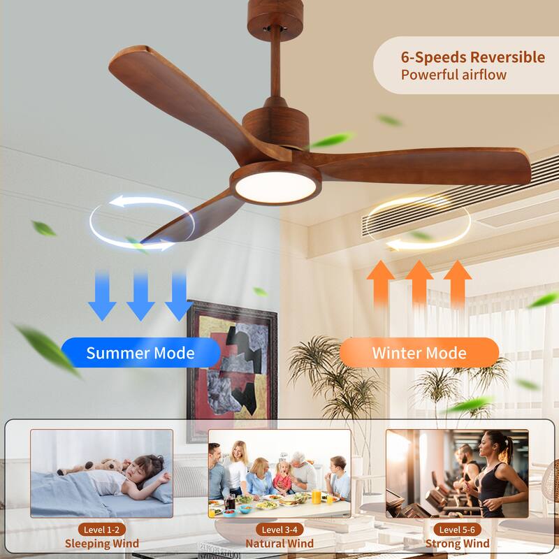 52 inch Wood Ceiling Fans with Lights and Remote, Modern Low Profile Ceiling Fan with Light, 6 Speed, Reversible DC Motor