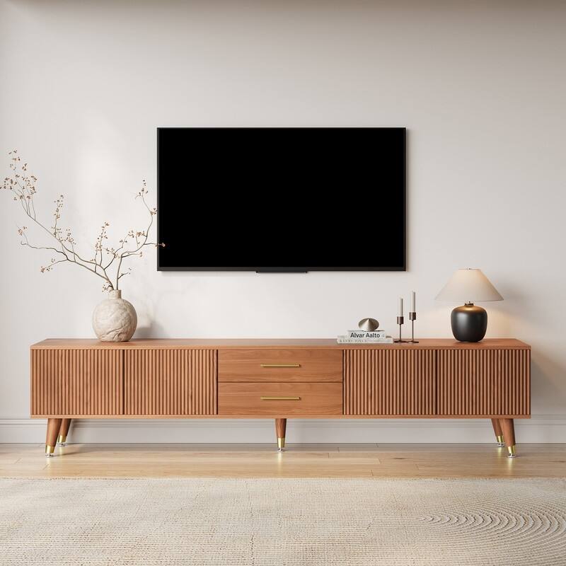 71" Mid Century Modern Brown TV Stands, Solid Wood Veneer with 2 Drawers & Cabinet, Pre-Assembled