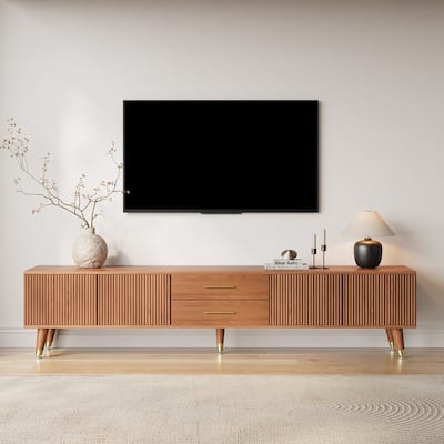 71" Mid Century Modern Brown TV Stands, Solid Wood Veneer with 2 Drawers & Cabinet, Pre-Assembled