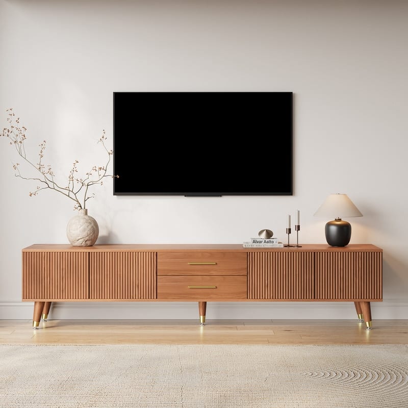 71" Mid Century Modern Brown TV Stands, Solid Wood Veneer with 2 Drawers & Cabinet, Pre-Assembled