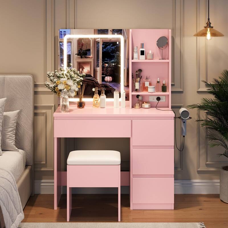 Vanity Desk with LED Mirror, Charging Ports, Storage Stool, Drawers, Hair Dryer Holder